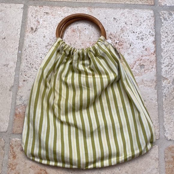Linen Wood Handle Handbag Purse Womens tote stripes floral round handle knitting - Picture 2 of 7
